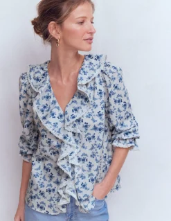 Boden Chemises & Blouses|Tops & T-Shirts-Blouse Eliza à col V et volants Bleu à Fleurs