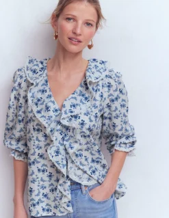 Boden Chemises & Blouses|Tops & T-Shirts-Blouse Eliza à col V et volants Bleu à Fleurs