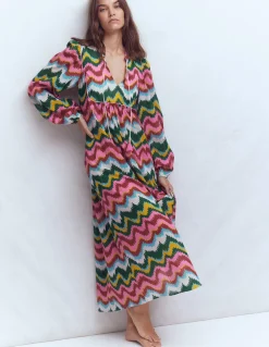 Boden Robes & Combinaisons|Longues-Caftan bohème avec liens au col Multi, vague zigzag