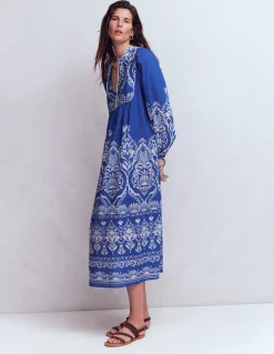 Boden Robes & Combinaisons|Longues-Caftan bohème avec liens au col Motif Ornamental Garden bleu