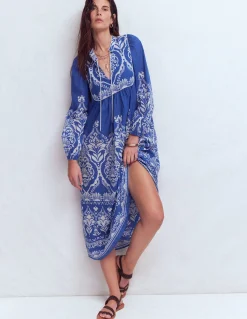 Boden Robes & Combinaisons|Longues-Caftan bohème avec liens au col Motif Ornamental Garden bleu