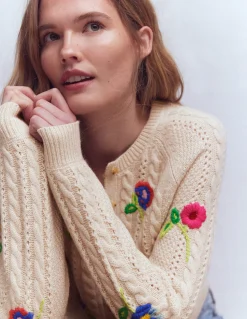 Boden Pulls & Gilets-Cardigan Liv à torsades et broderie Avoine chiné