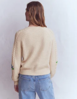 Boden Pulls & Gilets-Cardigan Liv à torsades et broderie Avoine chiné