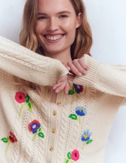 Boden Pulls & Gilets-Cardigan Liv à torsades et broderie Avoine chiné