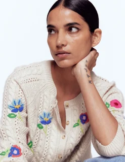 Boden Pulls & Gilets-Cardigan Liv à torsades et broderie Avoine chiné