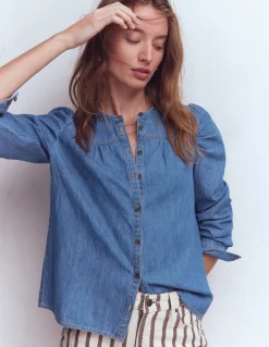 Boden Chemises & Blouses|Tops & T-Shirts-Chemise à manches gigot en jean Bleu Moyen