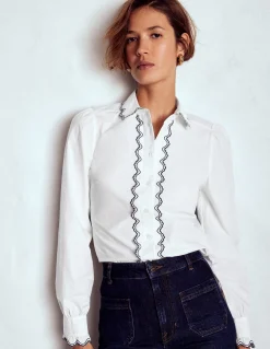 Boden Chemises & Blouses|Tops & T-Shirts-Chemise brodée en coton Blanc, broderie bleu marine
