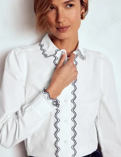 Boden Chemises & Blouses|Tops & T-Shirts-Chemise brodée en coton Blanc, broderie bleu marine