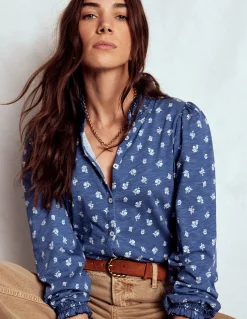 Boden Tops & T-Shirts-Chemise Effie à smocks Bleu marine authentique, motif Flower Press petit