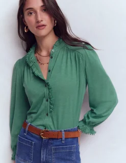 Boden Tops & T-Shirts-Chemise Emily à volants et pompons Jungle profond