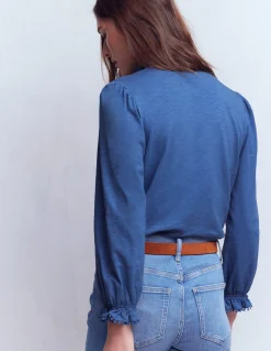 Boden Tops & T-Shirts-Chemise Emily à volants et pompons Bleu denim