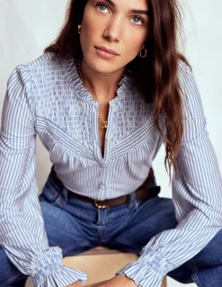 Boden Tops & T-Shirts-Chemise en jersey avec empiècement à smocks Rayé bleu éternel et ivoire