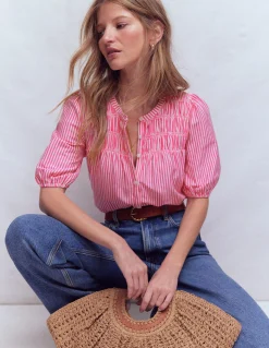 Boden Tops & T-Shirts-Chemise manches courtes Mya à smocks Rayé punch rose et ivoire
