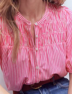 Boden Tops & T-Shirts-Chemise manches courtes Mya à smocks Rayé punch rose et ivoire