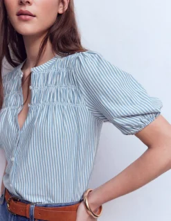 Boden Tops & T-Shirts-Chemise manches courtes Mya à smocks Rayé bleu français et ivoire