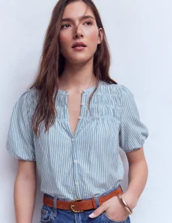 Boden Tops & T-Shirts-Chemise manches courtes Mya à smocks Rayé bleu français et ivoire