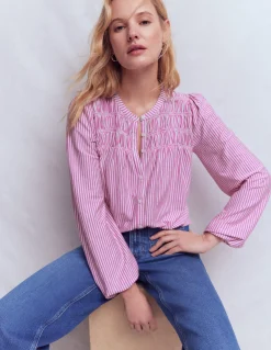 Boden Tops & T-Shirts-Chemise Mya smockée en jersey Rayé violet trèfle et ivoire