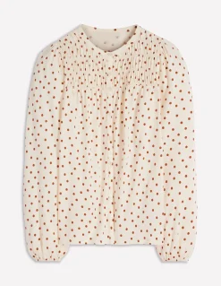 Boden Tops & T-Shirts-Chemise Mya smockée en jersey Gingembre, pois peints