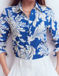 Boden Chemises & Blouses|Tops & T-Shirts-Chemise Sienna en lin Bleu, motif Botanical Flourish