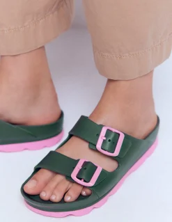 Boden Chaussures Plates|Sandales-Claquettes Lyla à double boucle Kaki/rose