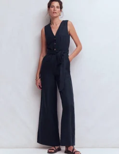 Boden Robes & Combinaisons|Robes Coupe Petite-Combinaison Laura à col V en lin Bleu marine