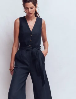 Boden Robes & Combinaisons|Robes Coupe Petite-Combinaison Laura à col V en lin Bleu marine