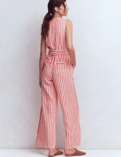 Boden Robes & Combinaisons|Robes Coupe Petite-Combinaison Laura à col V en lin Rayé rouge, ivoire