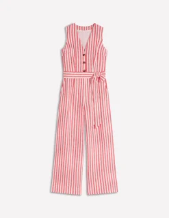 Boden Robes & Combinaisons|Robes Coupe Petite-Combinaison Laura à col V en lin Rayé rouge, ivoire