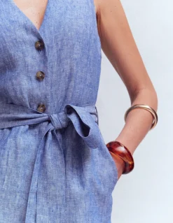 Boden Robes & Combinaisons|Robes Coupe Petite-Combinaison Laura à col V en lin Chambray bleu authentique