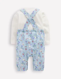 Boden Barboteuses & Ensembles-Ensemble avec salopette en jersey Fleurs et lapins bleu brumeux