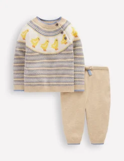 Boden Barboteuses & Ensembles-Ensemble en maille motif jacquard Poussins avoine chiné