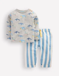 Boden Barboteuses & Ensembles-Ensemble rayé avec sweat Baleines rayé bleu
