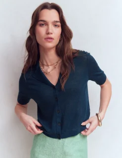 Boden Pulls & Gilets-Gilet à col Agnes en lin Bleu marine