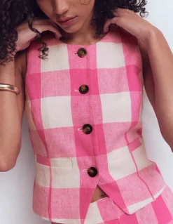 Boden Ensembles Assortis|Manteaux & Vestes-Gilet de costume col U en lin Vichy Rose