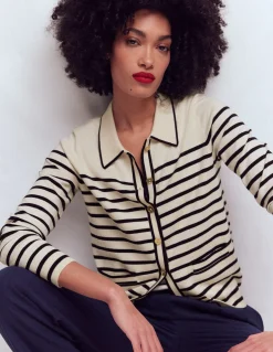 Boden Tenues De Travail|Pulls & Gilets-Gilet Liz en maille à col Ivoire/bleu marine