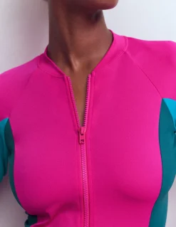 Boden Maillots De Bain-Haut de plage à manches raglan et protection solaire Colourblock rose