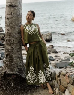 Boden Jupes-Jupe midi Verity en lin Broderie vert des bois