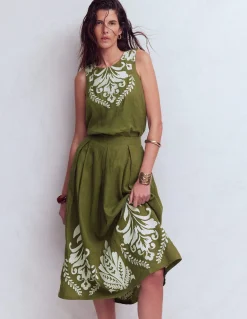 Boden Jupes-Jupe midi Verity en lin Broderie vert des bois