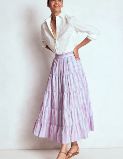 Boden Jupes-Jupe midi volantée en popeline Rayé métallisé
