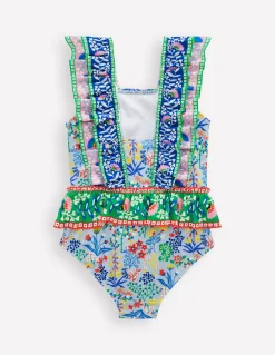 Boden Maillots & Tenues De Plage-Maillot de bain à basque et volants Motif Garden Floral bleu brumeux