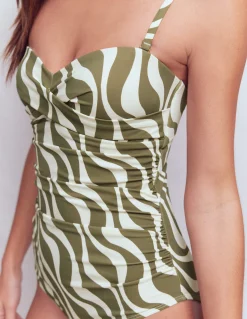 Boden Maillots De Bain-Maillot de bain Andros torsadé sur le devant Vert des bois, motif Rhythmic Wave