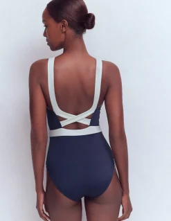 Boden Maillots De Bain-Maillot de bain Campania croisé dans le dos Bleu marine, colourblock ivoire