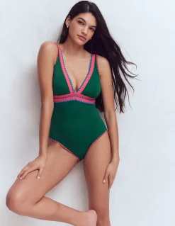 Boden Maillots De Bain-Maillot de bain col V Porto Vert mangrove, broderie