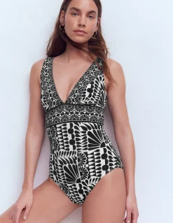 Boden Maillots De Bain-Maillot de bain col V Porto Noir, motif Geo Stamp
