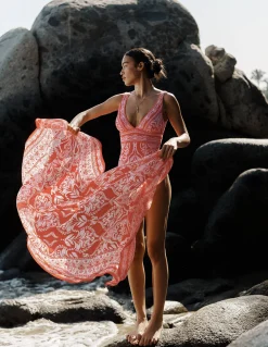 Boden Maillots De Bain-Maillot de bain col V Porto Rouge coquelicot, motif Ornamental Garden