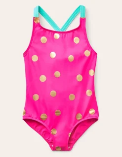 Boden Maillots & Tenues De Plage-Maillot de bain imprimé croisé dans le dos Rose fuchsia, pois dorés métallisés