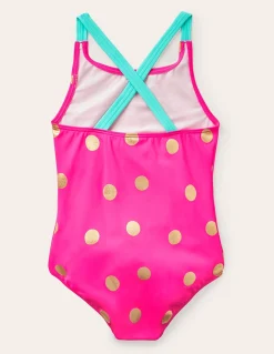 Boden Maillots & Tenues De Plage-Maillot de bain imprimé croisé dans le dos Rose fuchsia, pois dorés métallisés