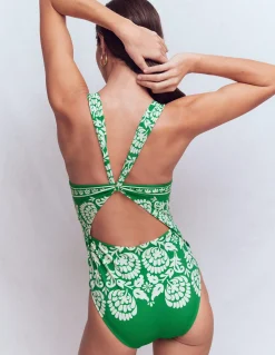 Boden Maillots De Bain-Maillot de bain Mykonos à encolure en V profonde Vert, motif Ornate Floret