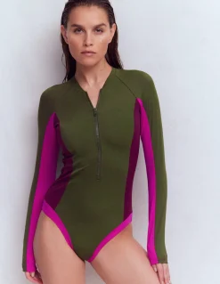 Boden Maillots De Bain-Maillot de bain sport à manches raglan Kaki, colourblock