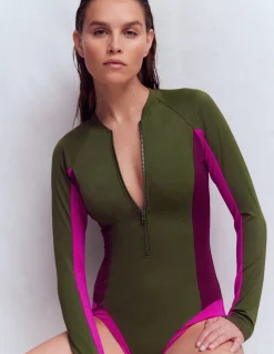 Boden Maillots De Bain-Maillot de bain sport à manches raglan Kaki, colourblock